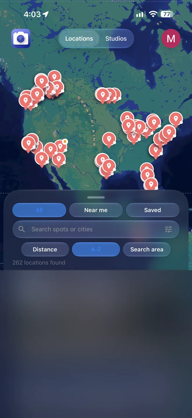 LensScape on iPhone: map of photo spots with the Liquid Glass list panel