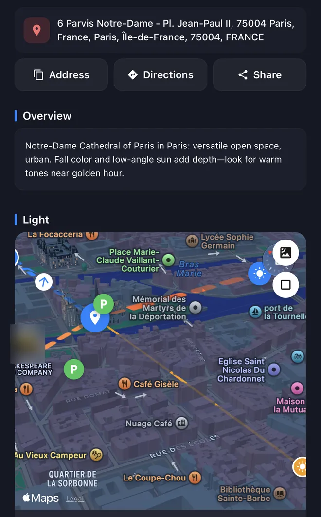 LensScape spot details for Notre-Dame, Paris, with directions and the Light map showing the sun path for golden hour